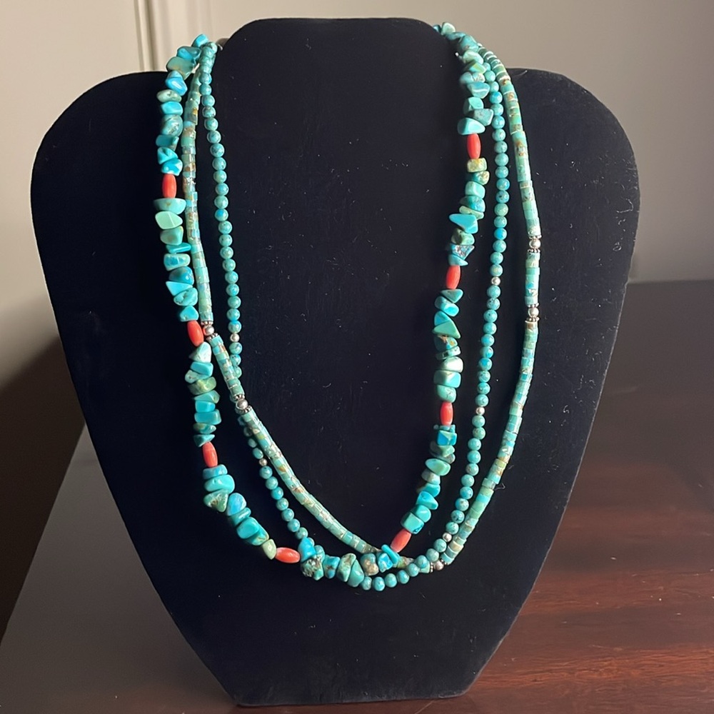 Ladies 3 Strand Turquoise Nugget Turned and Round Heishi Necklace 18" - Picture 6 of 11